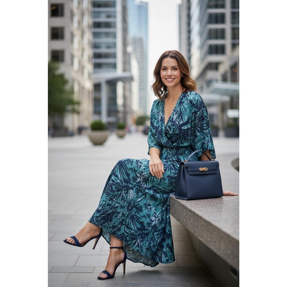 Lovestitch Tropical Print Wrap Dress Large Teal and Black Maxi Boho V-Neck